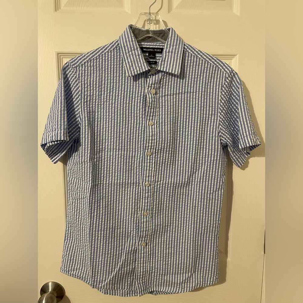 Michael Kors Blue and White Casual Button Down Shirt